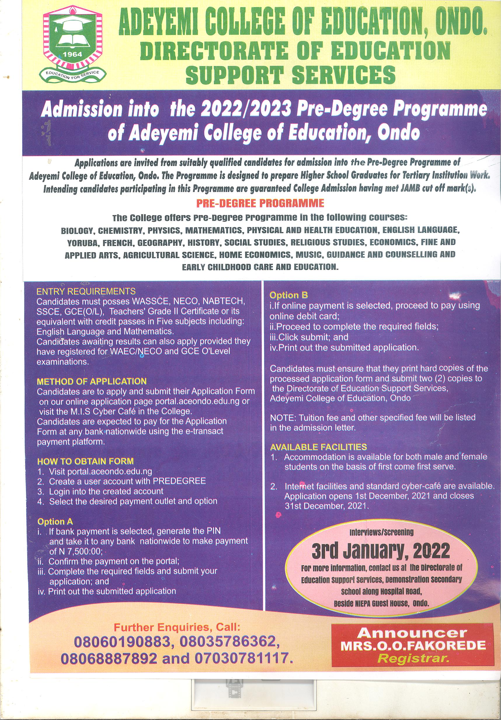 science courses in adeyemi college of education